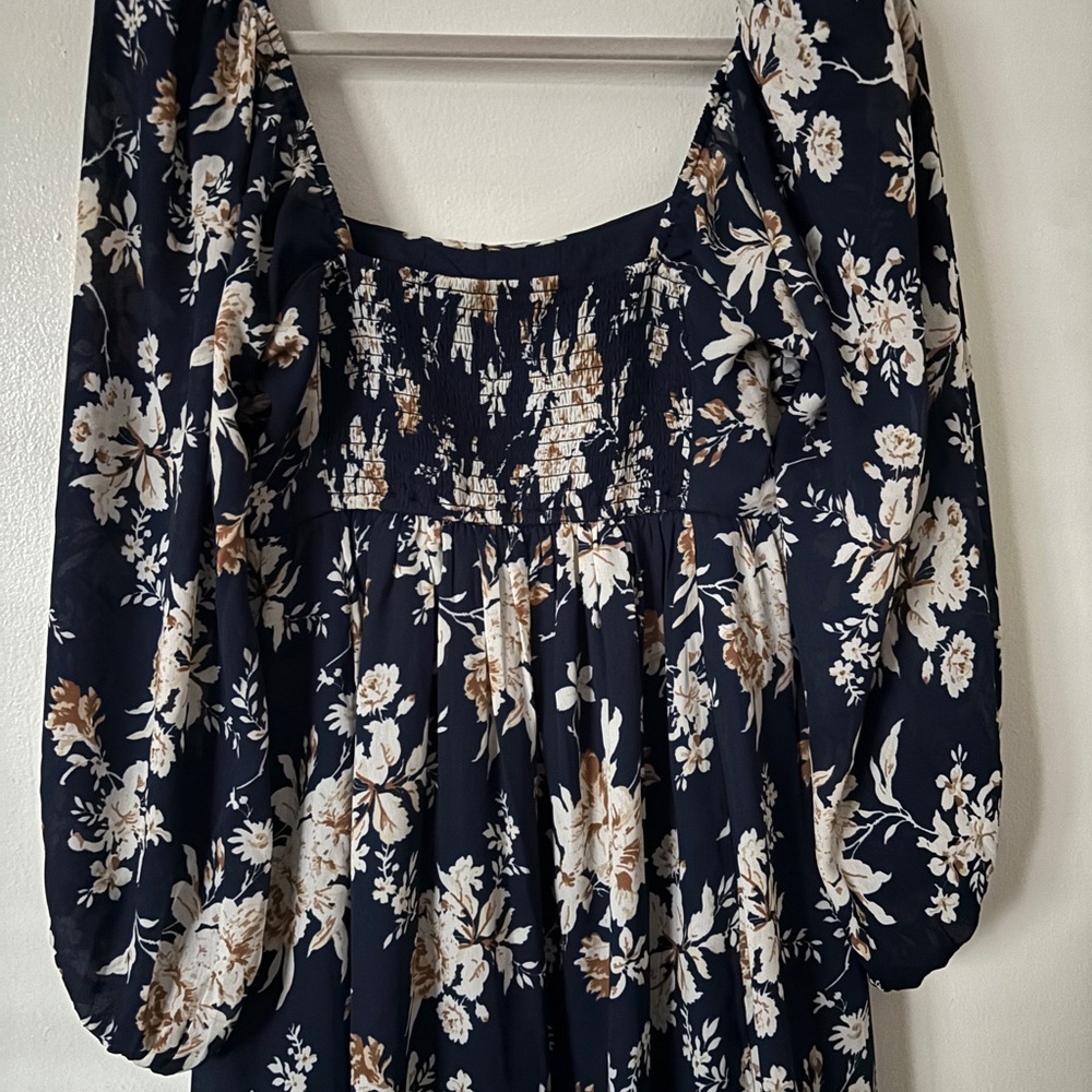 Abercrombie & Fitch Floral Long Sleeve Dress - Navy and Cream